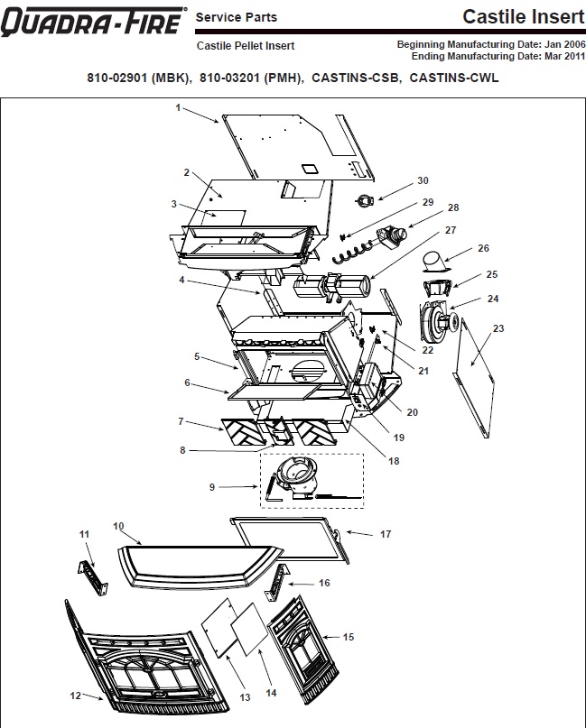 Quadrafire Castile Pellet Insert replacement parts diagram