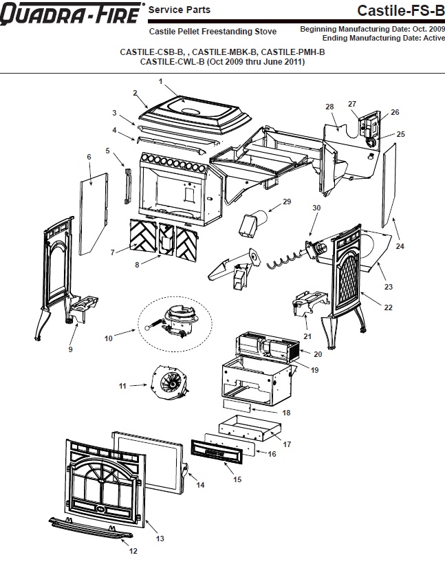 Quadrafire Castile FS-B Pellet replacement parts diagram