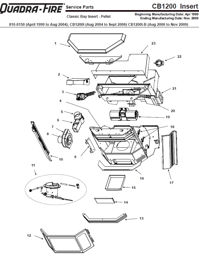 Quadrafire CB1200 Pellet Insert replacement parts diagram