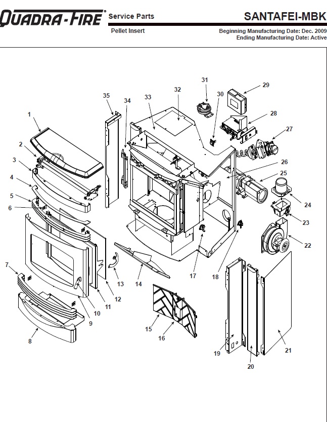Quadrafire SantaFei-MBK Pellet replacement parts diagram