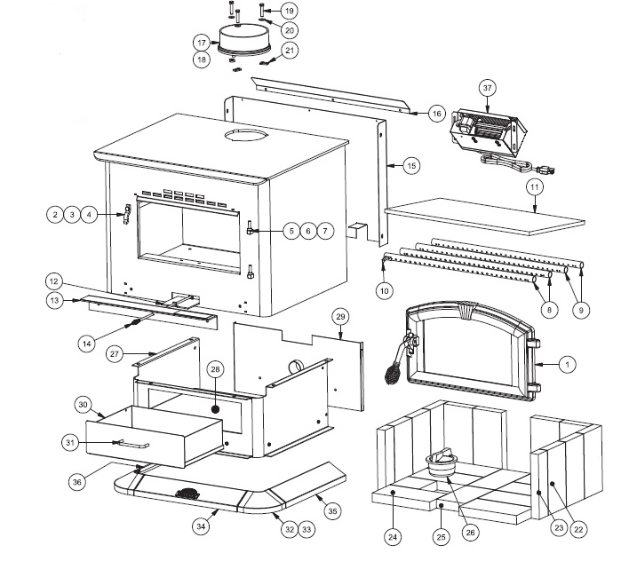 Plate Steel Wood Stove 2500 replacement parts diagram