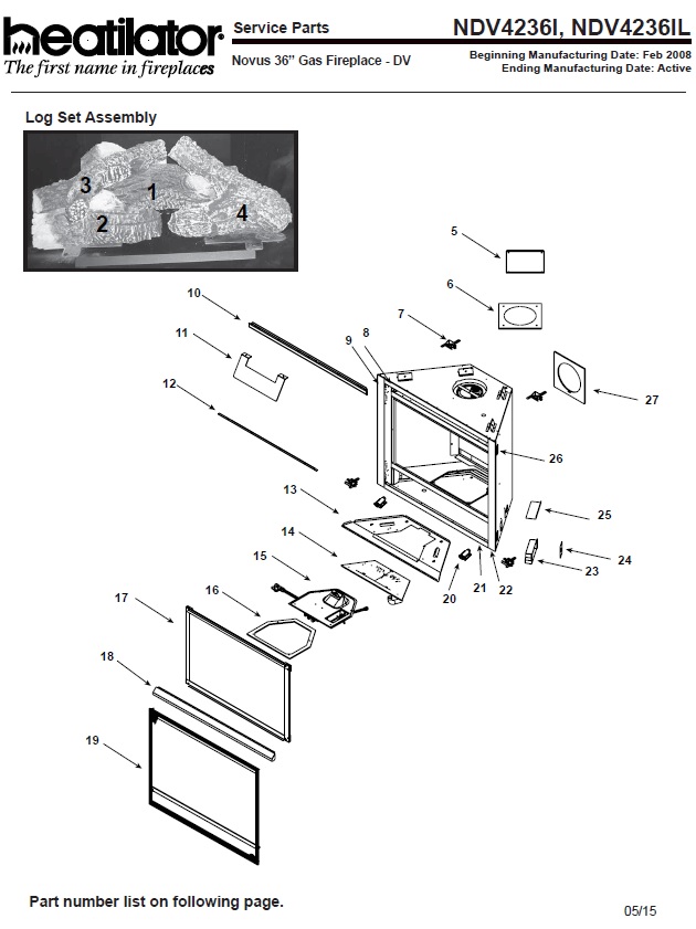 Heatilator NDV4236I, NDV4236IL Gas replacement parts diagram