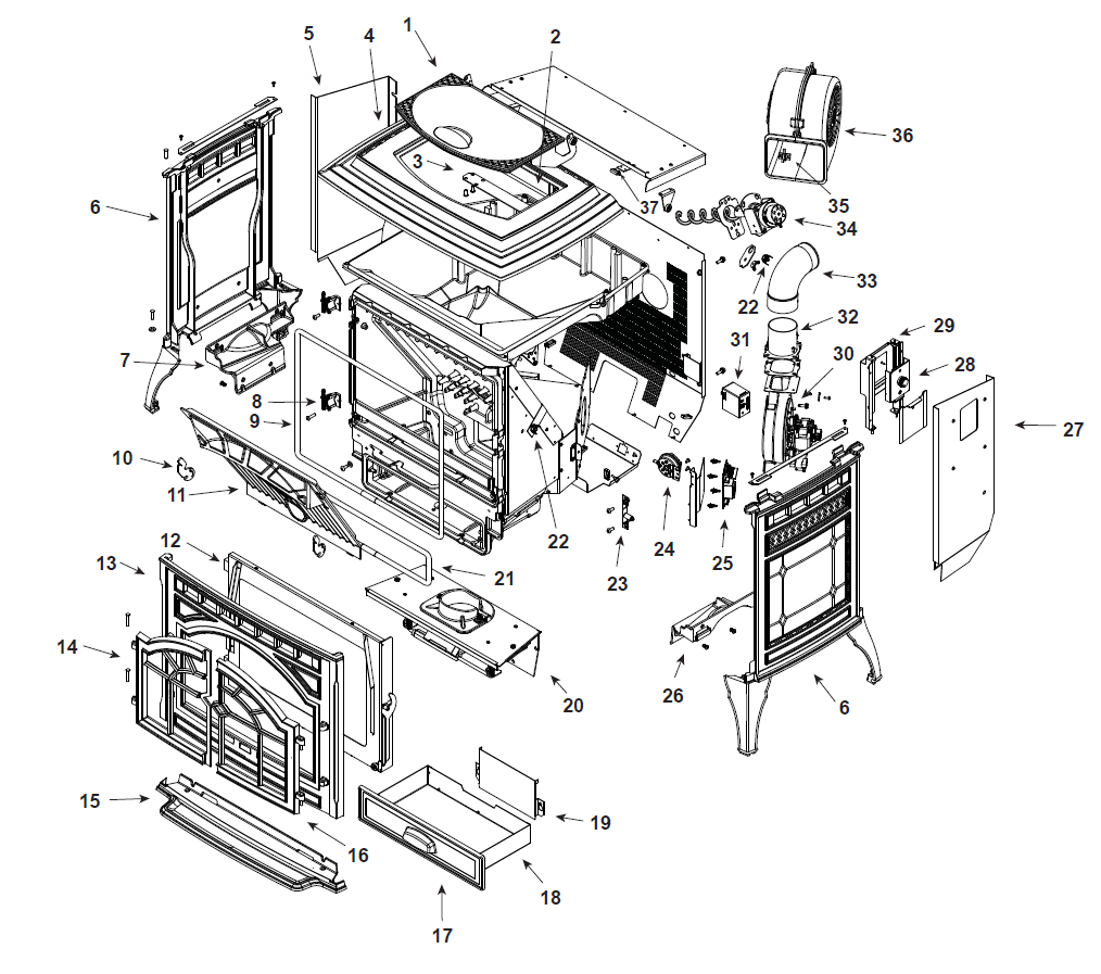 Quadrafire Mt Vernon E2 Pellet replacement parts diagram