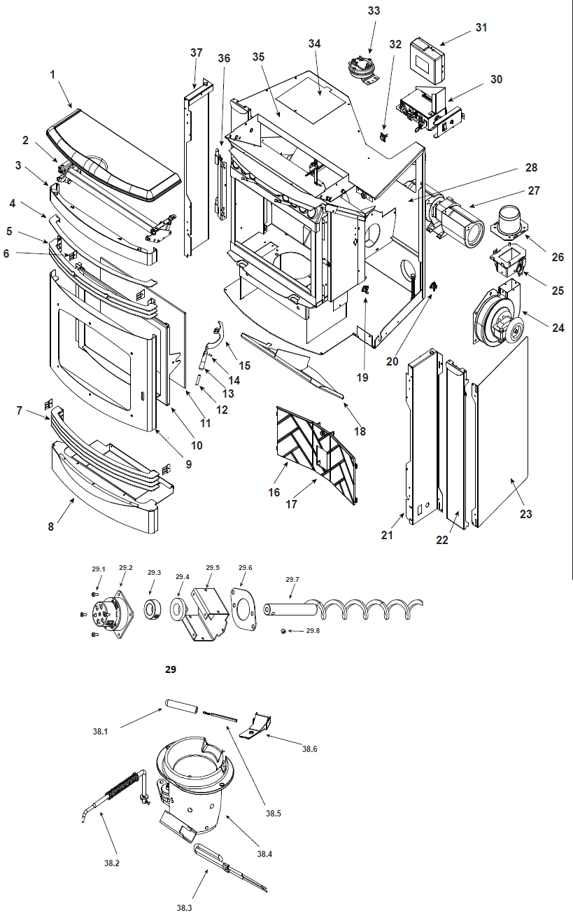 Santafei, Santafei-B Quadrafire Pellet replacement parts diagram