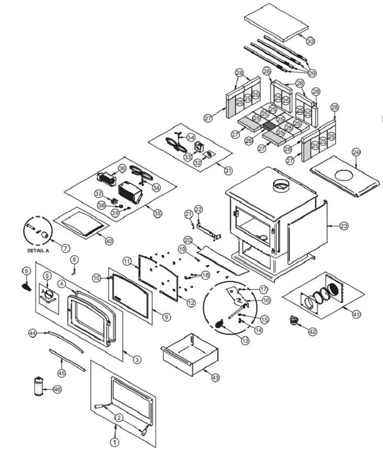 Drolet Escape 2100 Wood replacement parts diagram