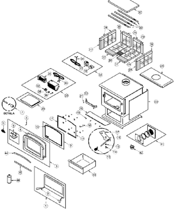 Drolet Escape 2100 w/ Nickel Trim Wood replacement parts diagram